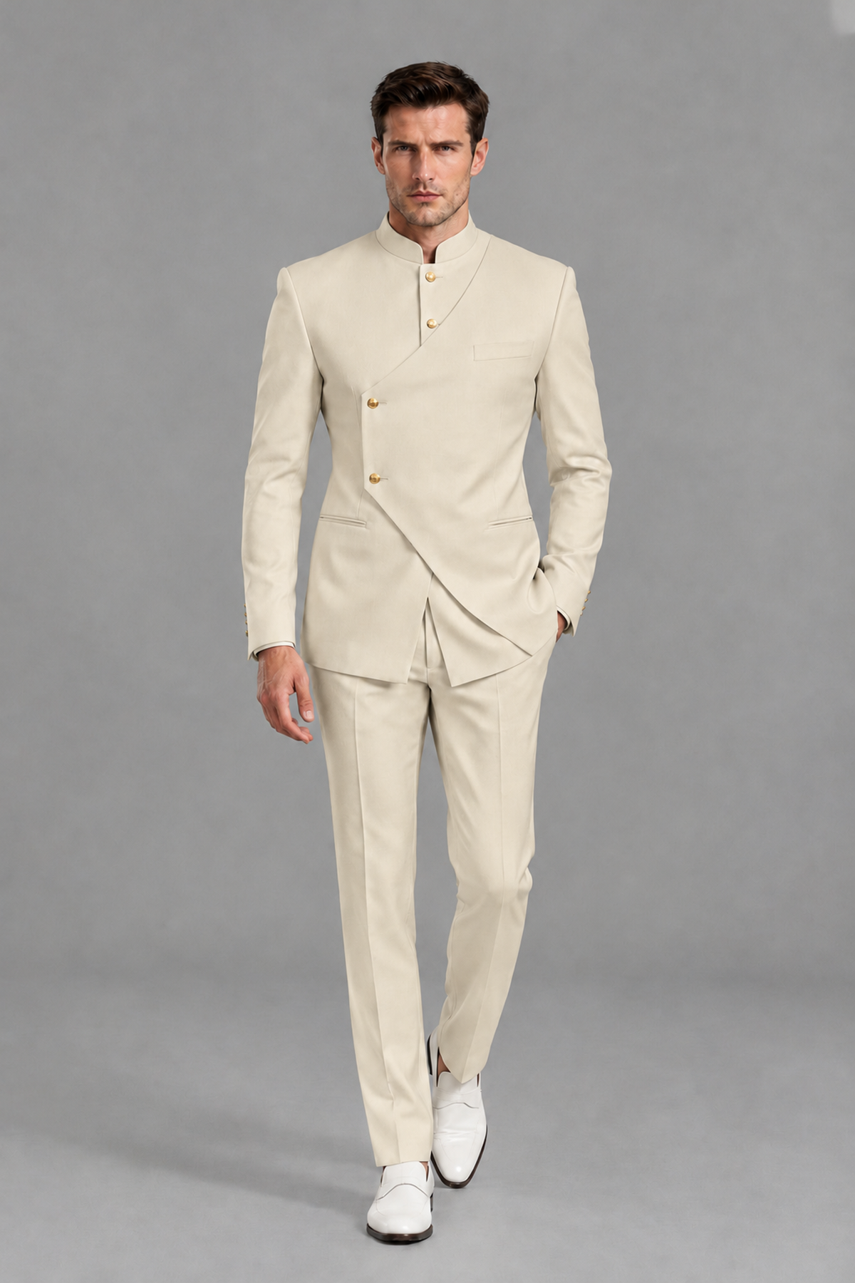 Savile Men's Cream Asymmetrical Mandarin Collar Tuxedo Suit – Modern 2-Piece Gold Button Wedding, Prom & Gala Set - Cream - Cream_2