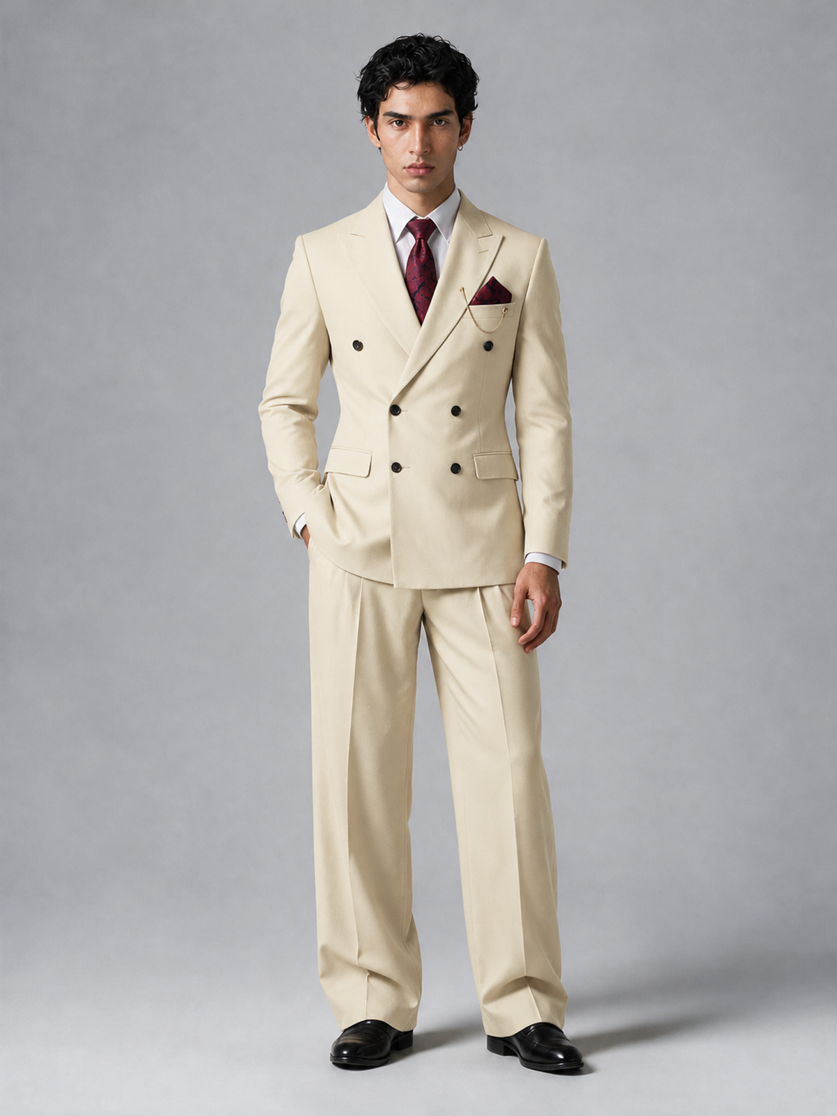 Savile Men's Cream Double-Breasted 2-Piece Suit Set – Peak Lapel Blazer & Pleated Wide-Leg Trousers - Cream - Cream_2