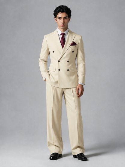Savile Men's Cream Double-Breasted 2-Piece Suit Set – Peak Lapel Blazer & Pleated Wide-Leg Trousers - Cream - Cream_2