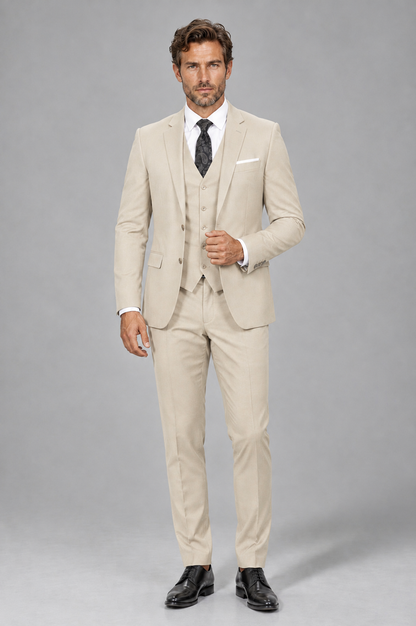 Savile Men's Cream 3-Piece Suit Set – Notch Lapel Blazer, Vest & Trousers - Cream - Cream_2