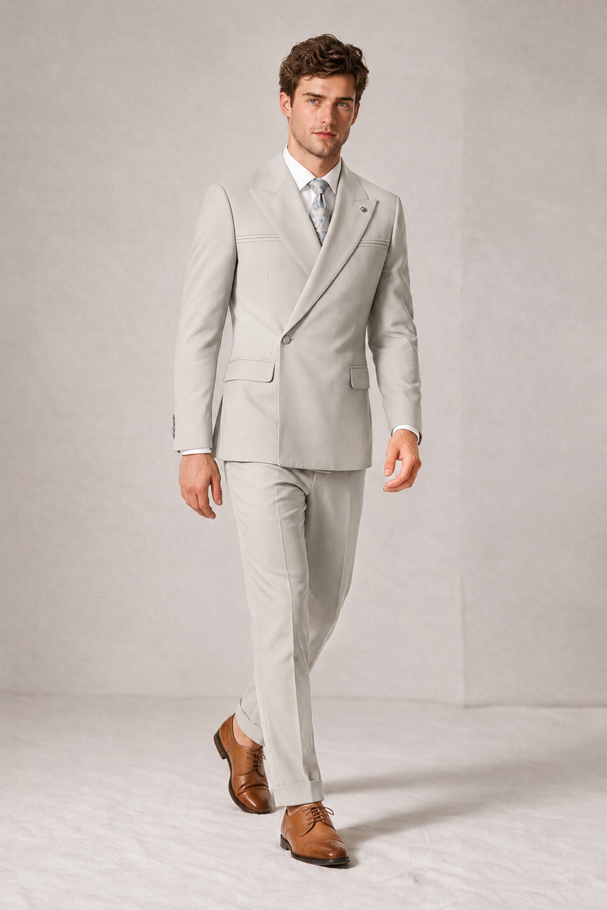 Savile Men's Cream Double-Breasted Slim Fit 2-Piece Suit Set – Peak Lapel Blazer & Cuffed Trousers | Wedding Prom Formal - Cream