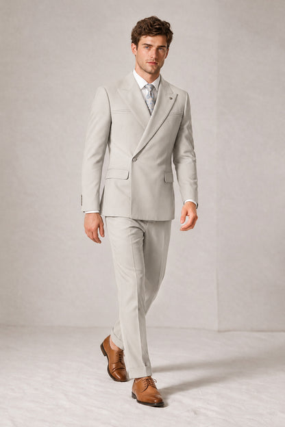 Savile Men's Cream Double-Breasted Slim Fit 2-Piece Suit Set – Peak Lapel Blazer & Cuffed Trousers | Wedding Prom Formal - Cream