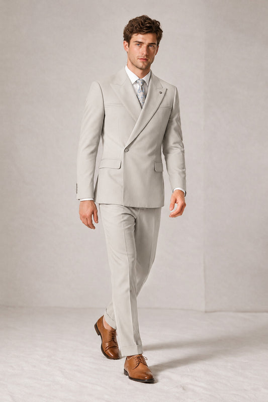 Savile Men's Cream Double-Breasted Slim Fit 2-Piece Suit Set – Peak Lapel Blazer & Cuffed Trousers | Wedding Prom Formal - Cream