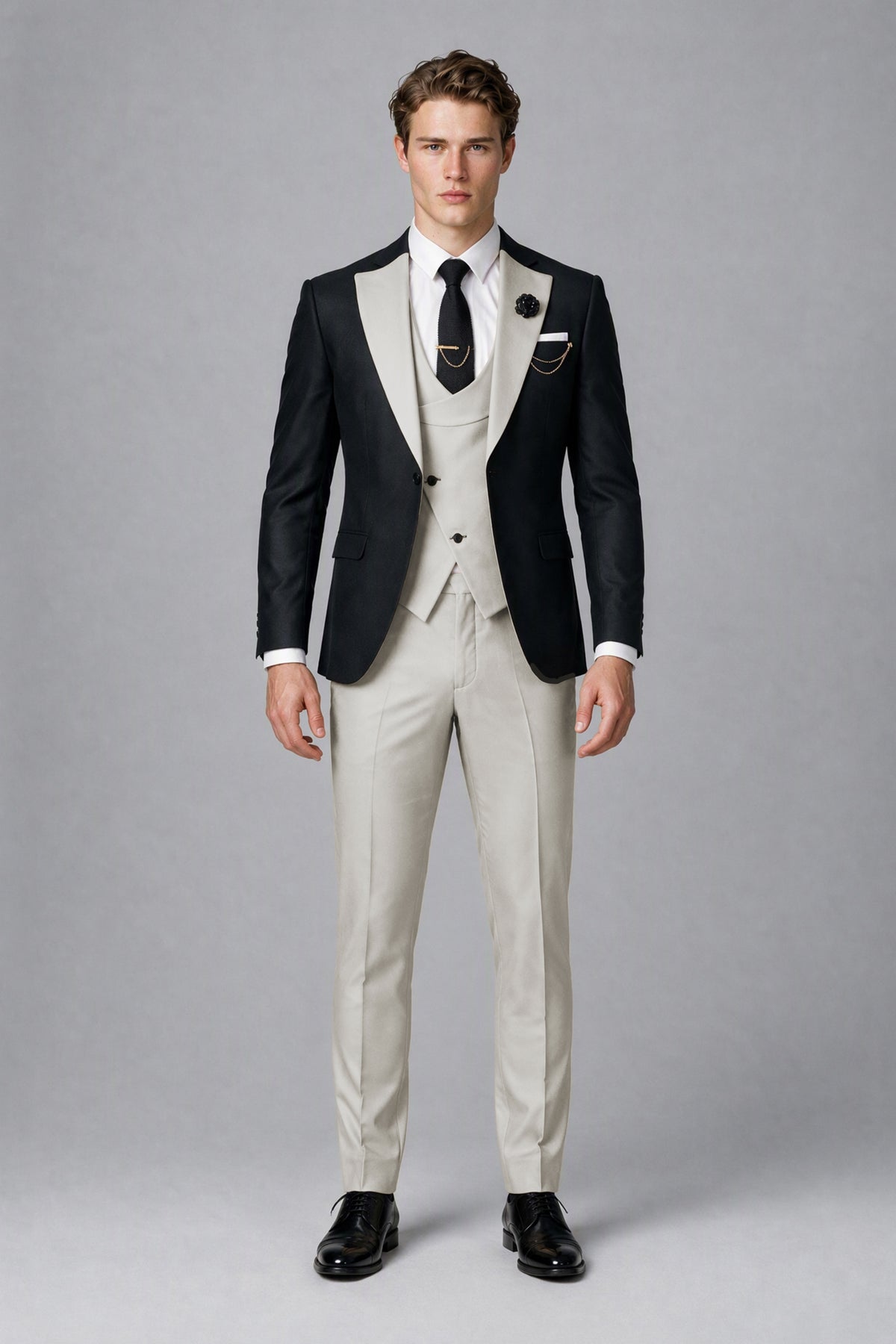 Savile Men's Black & Cream Three-Piece Wedding Suit - Cream