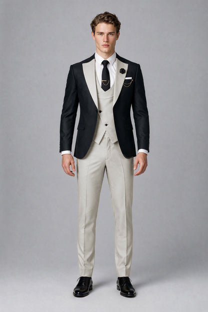 Savile Men's Black & Cream Three-Piece Wedding Suit - Cream