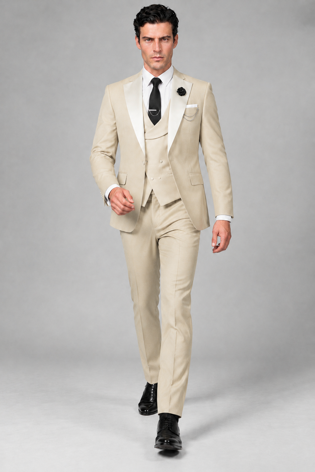 Savile Men's Cream 3-Piece Tuxedo Suit – Contrast Silver Peak Lapel & Grey Vest Formal Set - Cream - Cream_2