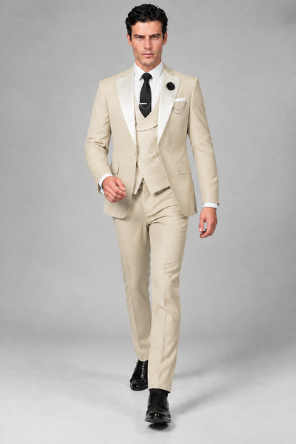 Savile Men's Cream 3-Piece Tuxedo Suit – Contrast Silver Peak Lapel & Grey Vest Formal Set - Cream - Cream_2