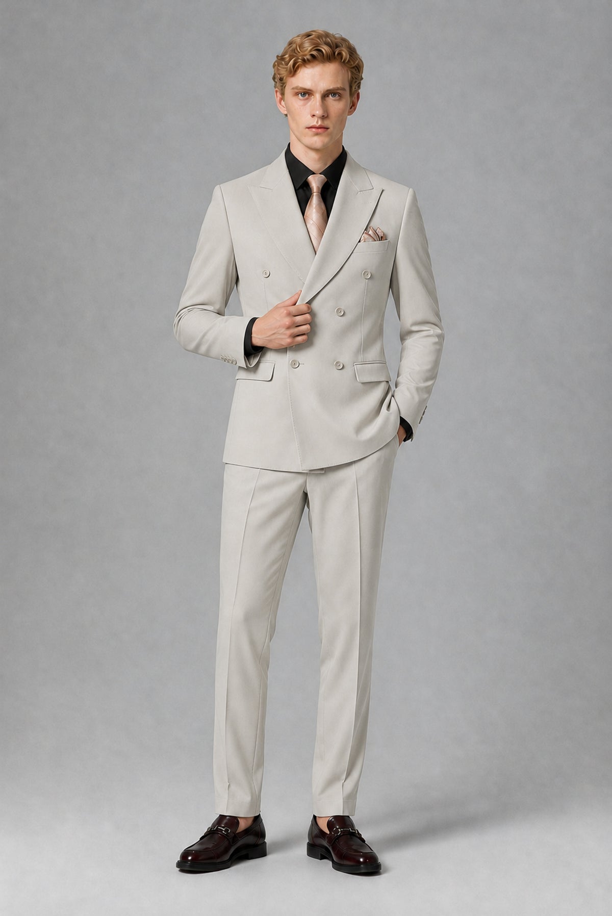 Savile Men's Cream Double-Breasted Two-Piece Suit - Cream