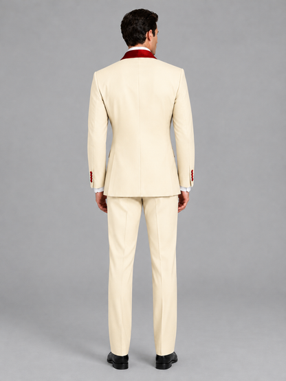 Savile Men's Cream 3-Piece Tuxedo Suit Set – Contrast Red Shawl Lapel Blazer, Red Waistcoat & Trousers - SUC020 - Cream