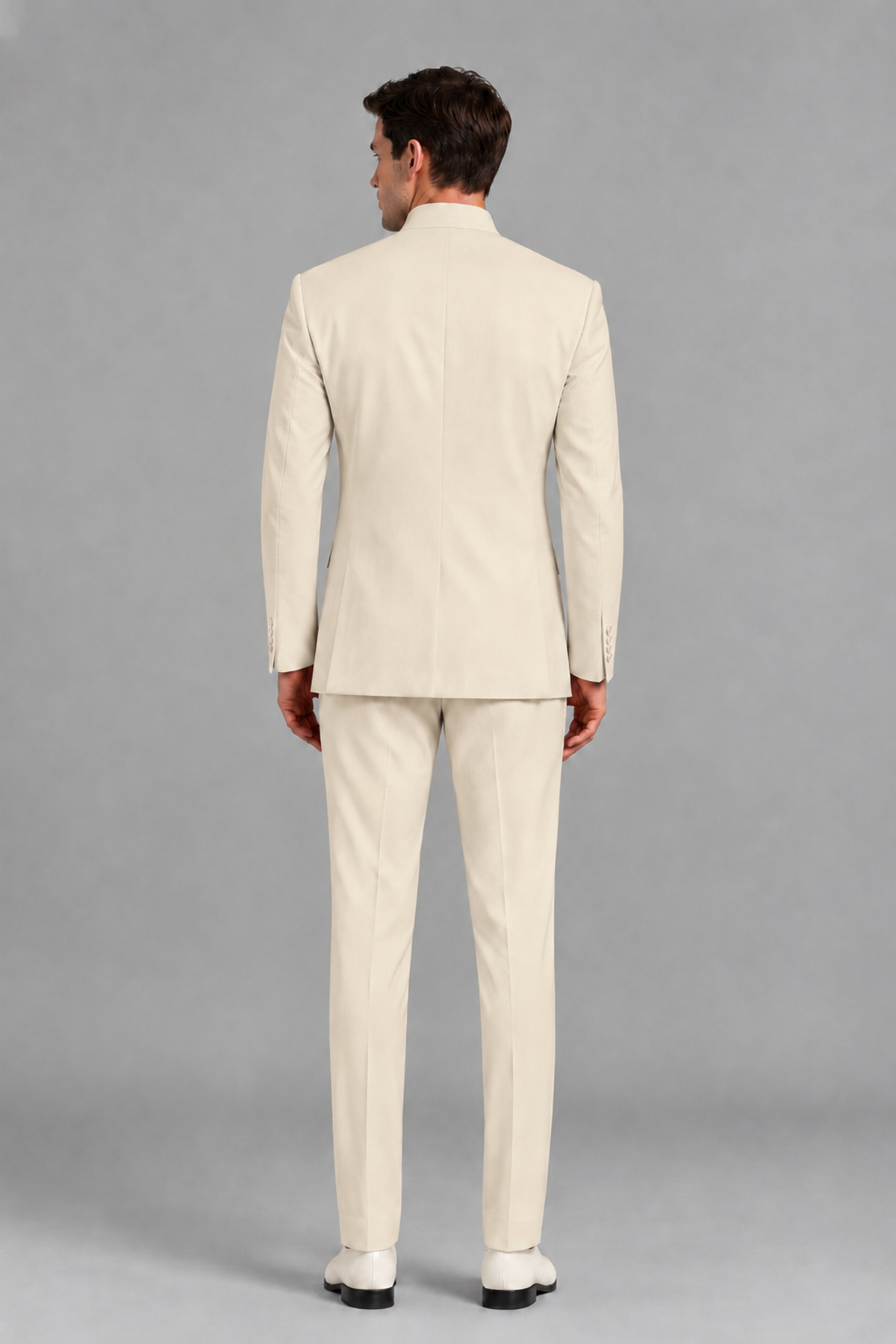 Savile Men's Cream Asymmetrical Mandarin Collar Tuxedo Suit – Modern 2-Piece Gold Button Wedding, Prom & Gala Set - Cream - Cream_3