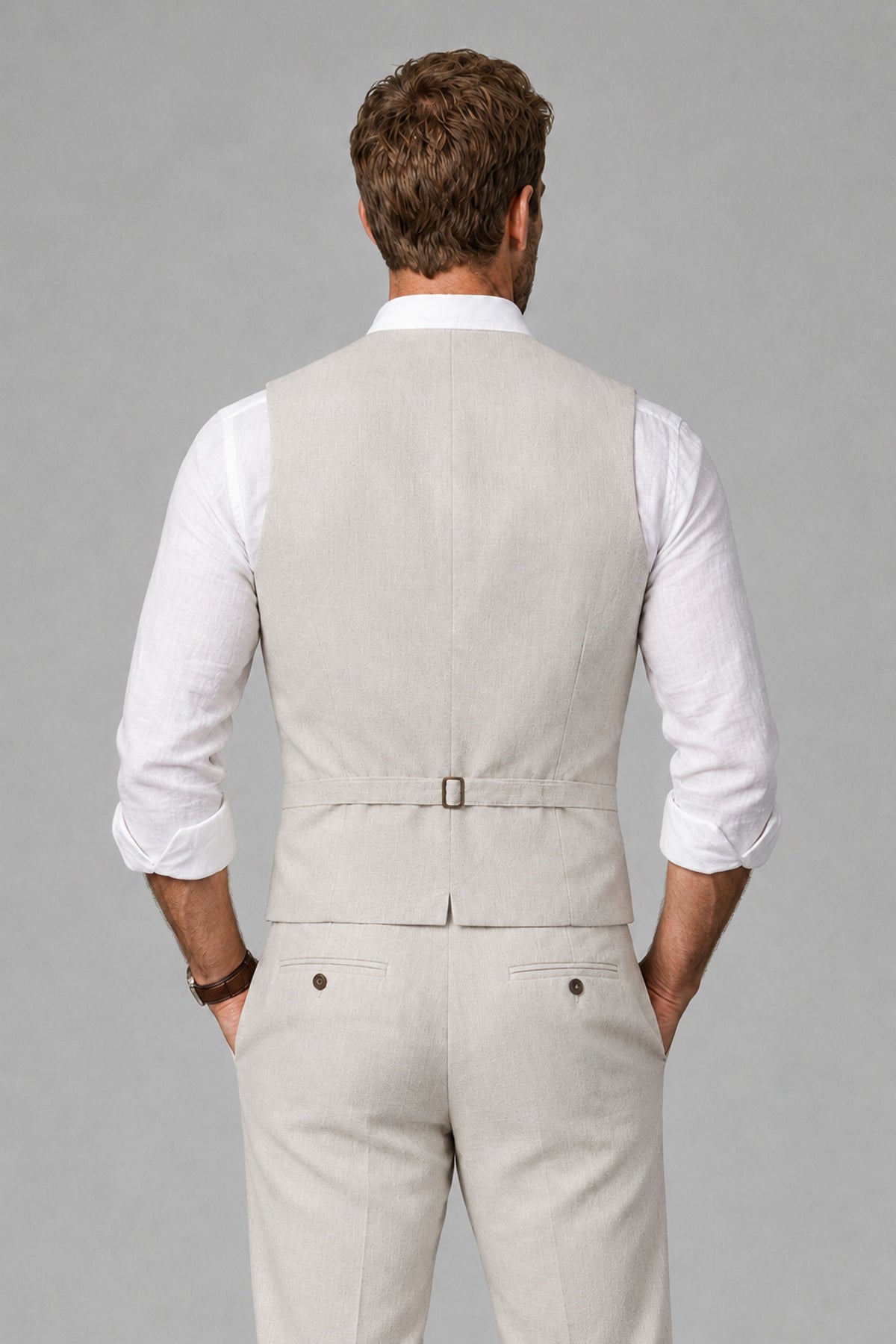Men's Cream Linen Blend Single-Breasted V-Neck Suit Vest | Savile QX0101 - Cream