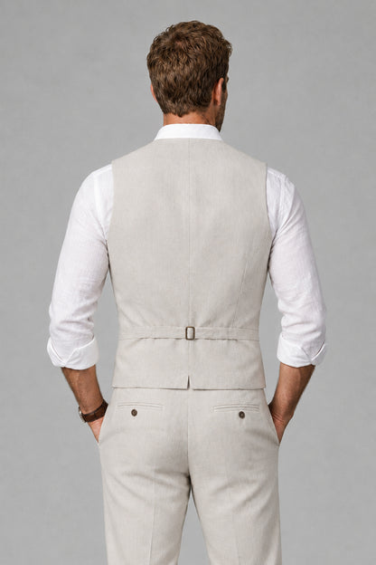 Men's Cream Linen Blend Single-Breasted V-Neck Suit Vest | Savile QX0101 - Cream