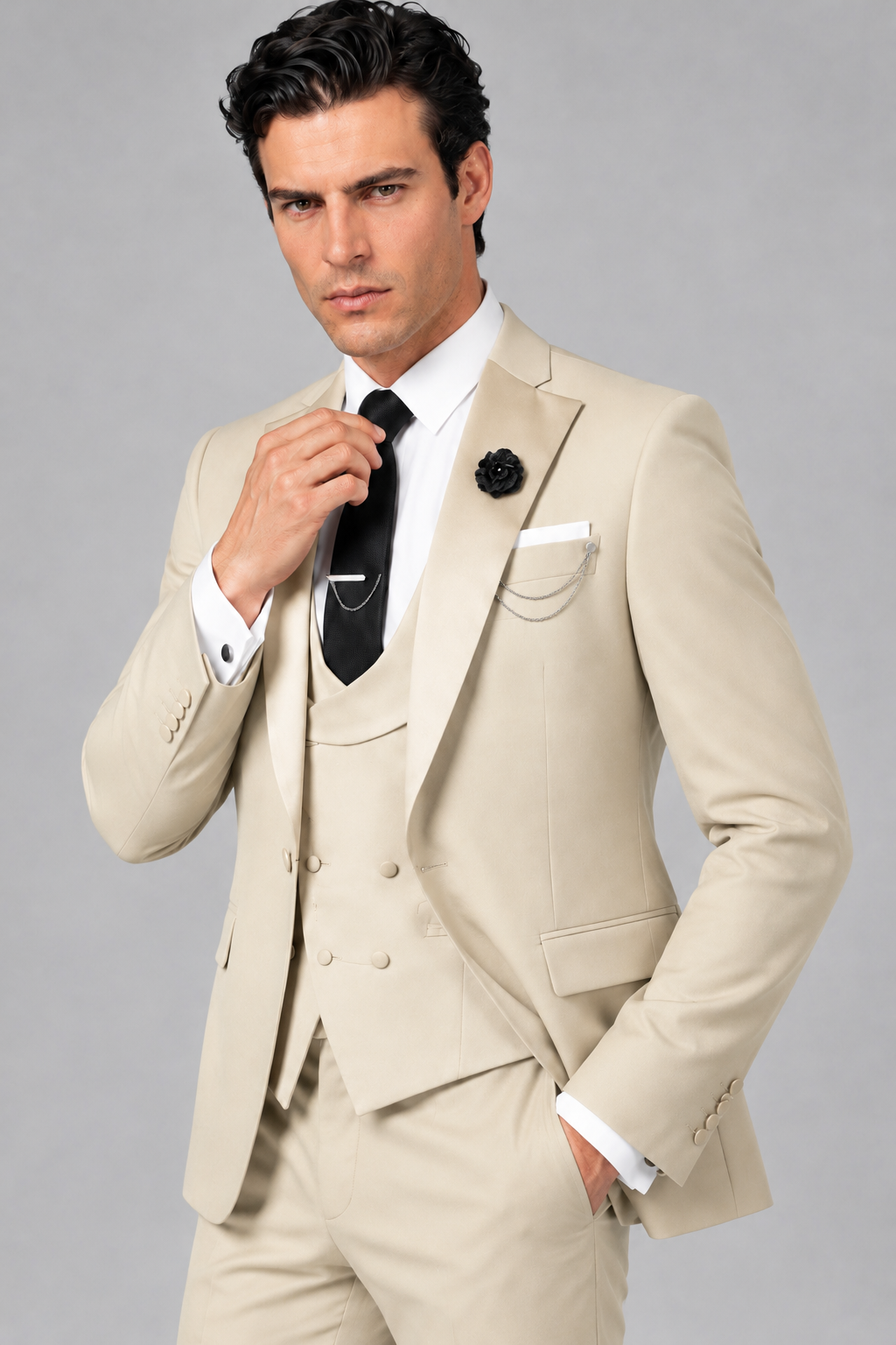 Savile Men's Cream 3-Piece Tuxedo Suit – Contrast Silver Peak Lapel & Grey Vest Formal Set - Cream - Cream_3