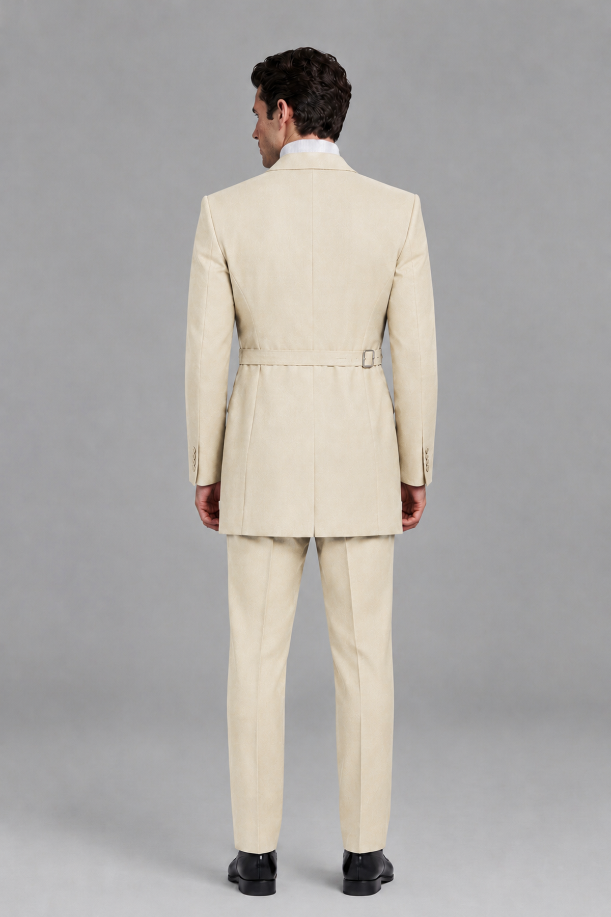 Savile Men's Cream Double Buckle Wrap Belted 2-Piece Suit Set – Peak Lapel Slim-Fit Jacket & Trousers - Cream - Cream_3