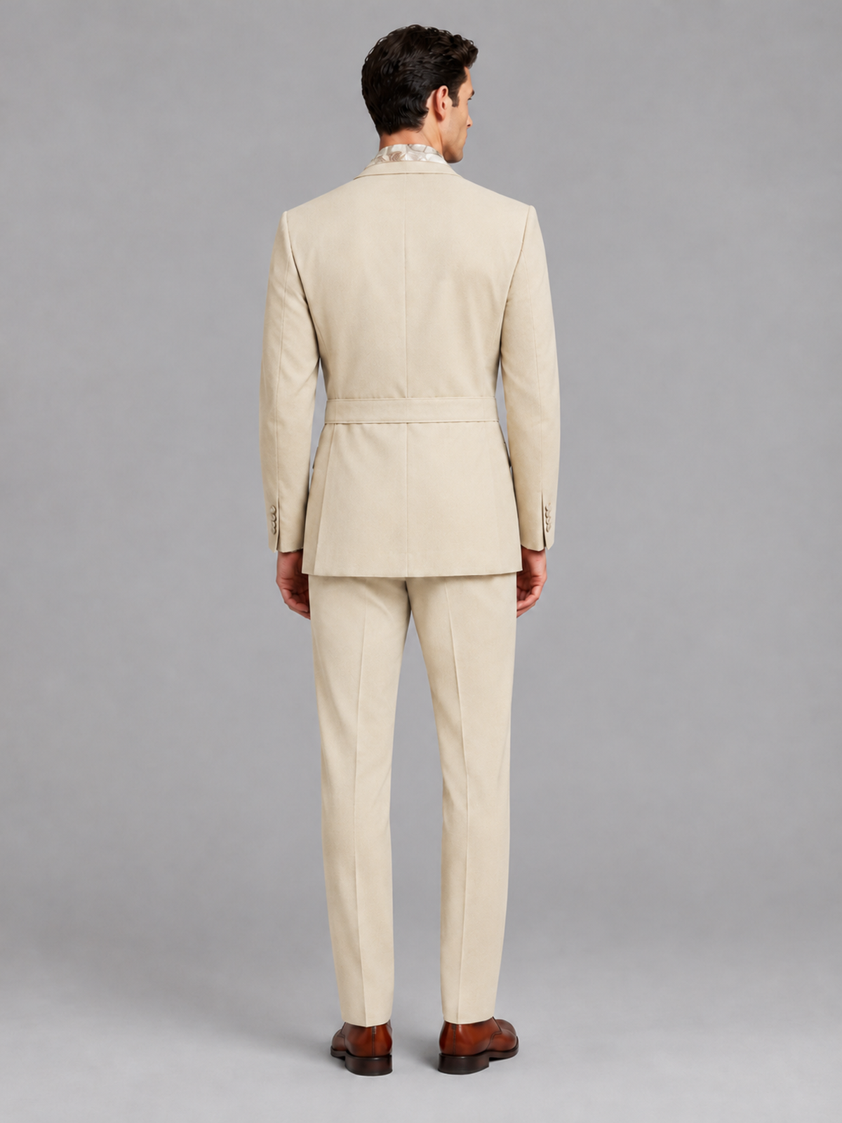 Savile Men's Cream Belted Wrap 2-Piece Suit – Peak Lapel Blazer & Tailored Trousers - SUC060 - Cream - Cream_3
