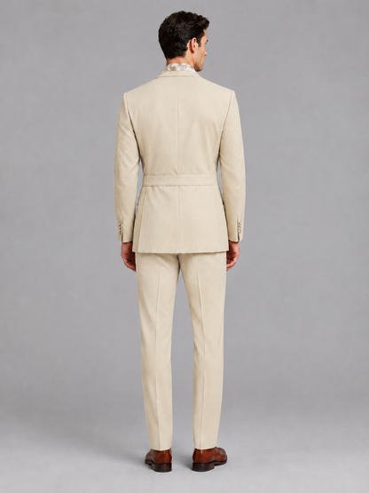 Savile Men's Cream Belted Wrap 2-Piece Suit – Peak Lapel Blazer & Tailored Trousers - SUC060 - Cream - Cream_3