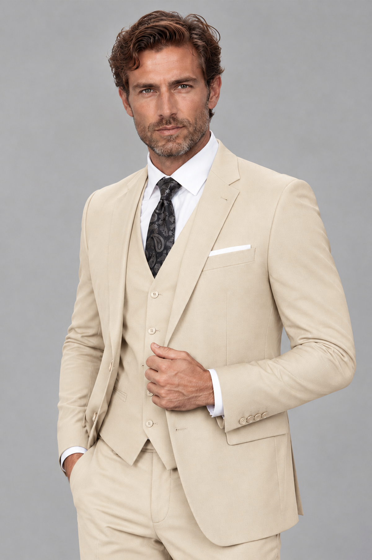 Savile Men's Cream 3-Piece Suit Set – Notch Lapel Blazer, Vest & Trousers - Cream - Cream_3