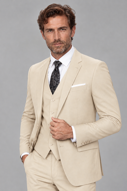 Savile Men's Cream 3-Piece Suit Set – Notch Lapel Blazer, Vest & Trousers - Cream - Cream_3