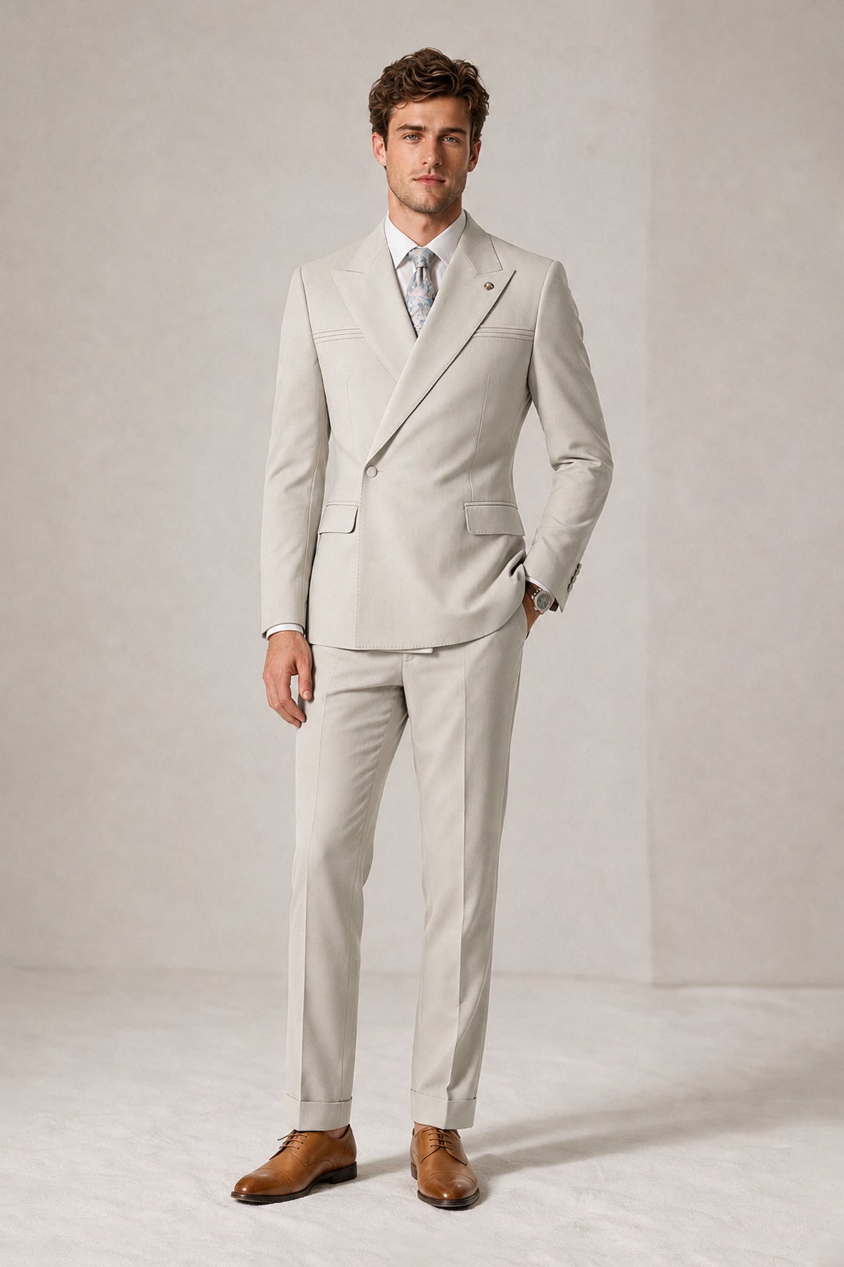 Savile Men's Cream Double-Breasted Slim Fit 2-Piece Suit Set – Peak Lapel Blazer & Cuffed Trousers | Wedding Prom Formal - Cream