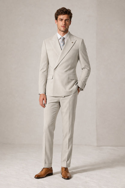 Savile Men's Cream Double-Breasted Slim Fit 2-Piece Suit Set – Peak Lapel Blazer & Cuffed Trousers | Wedding Prom Formal - Cream