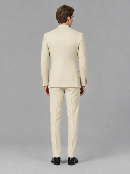 Savile Men's Cream Mandarin Collar Asymmetrical 2-Piece Suit Set – Modern Jacket & Trousers - Cream - Cream_3