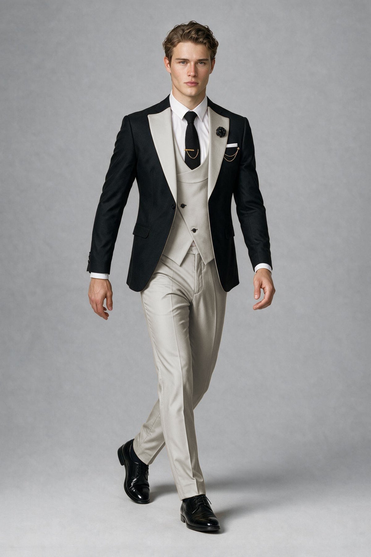 Savile Men's Black & Cream Three-Piece Wedding Suit - Cream