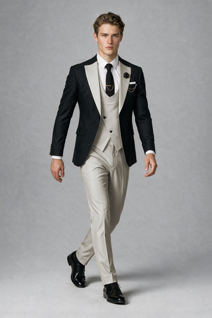 Savile Men's Black & Cream Three-Piece Wedding Suit - Cream
