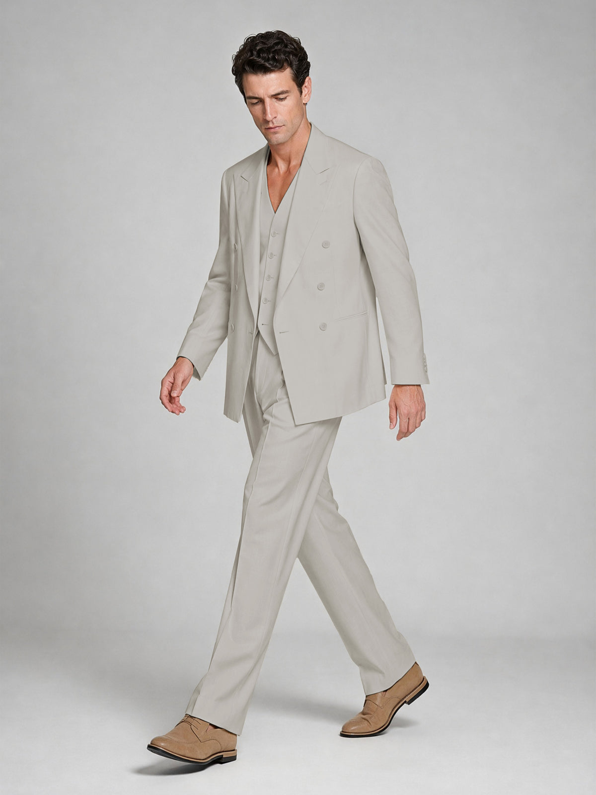 Men's Cream Double-Breasted 2-Piece Suit – Peak Lapel Wedding & Beach Formal Set with Vest - Cream