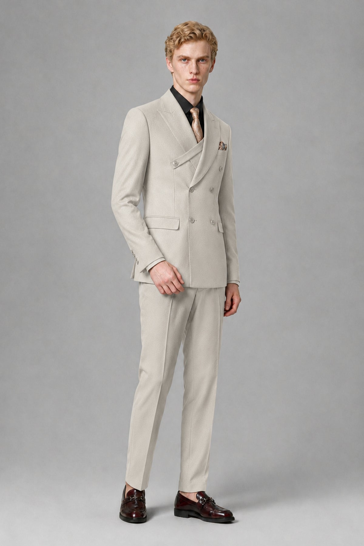 Savile Men's Cream Double-Breasted Two-Piece Suit - Cream