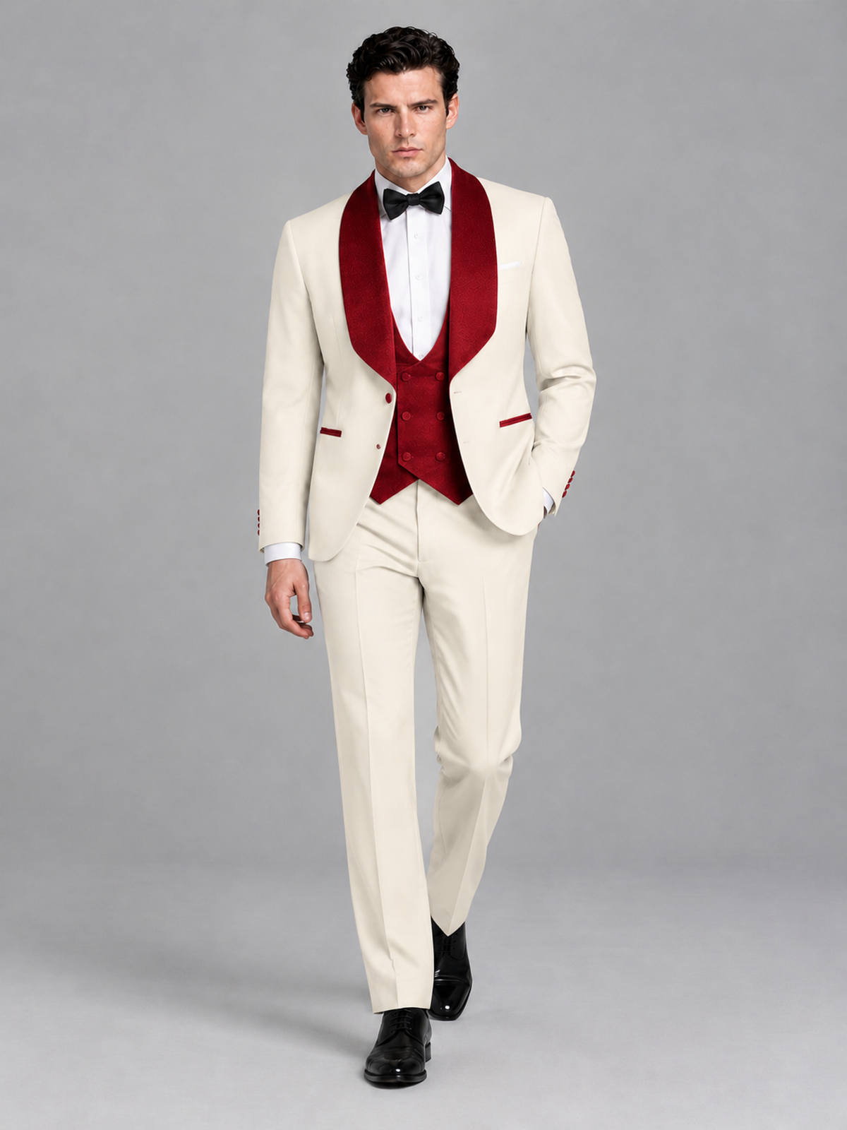 Savile Men's Cream 3-Piece Tuxedo Suit Set – Contrast Red Shawl Lapel Blazer, Red Waistcoat & Trousers - SUC020 - Cream