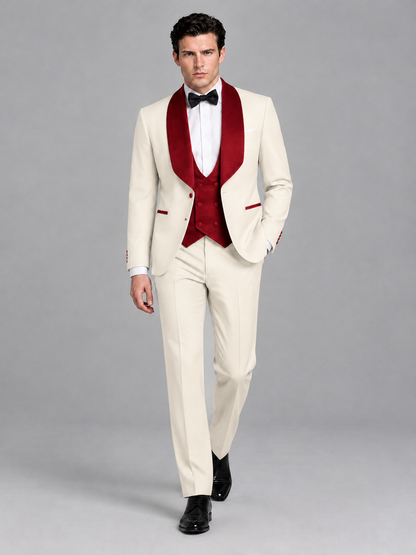 Savile Men's Cream 3-Piece Tuxedo Suit Set – Contrast Red Shawl Lapel Blazer, Red Waistcoat & Trousers - SUC020 - Cream