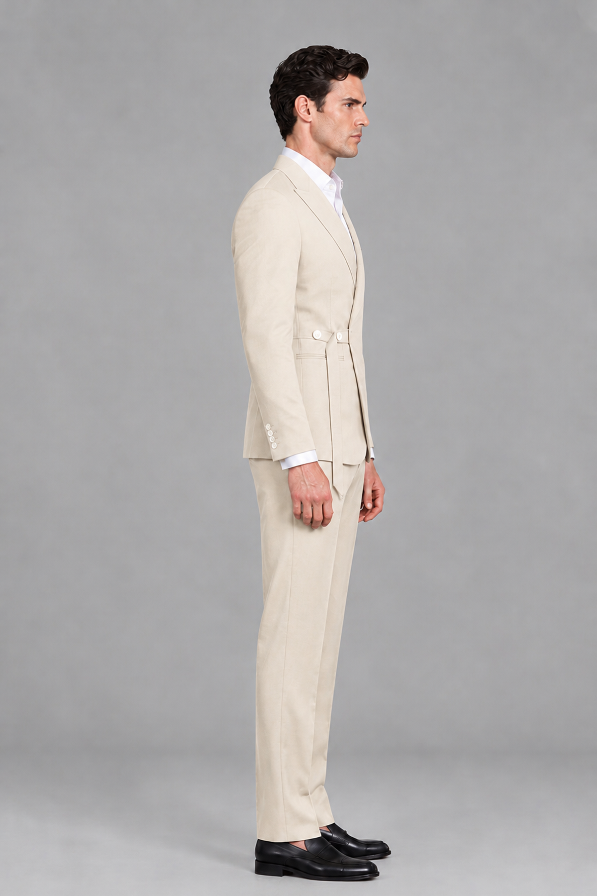 Savile Men's Modern Cream 2-Piece Wrap Suit Set – Peak Lapel Side-Button Blazer & Tailored Trousers - Cream - Cream_4
