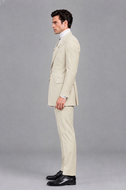 Savile Men's Cream Double Buckle Wrap Belted 2-Piece Suit Set – Peak Lapel Slim-Fit Jacket & Trousers - Cream - Cream_4