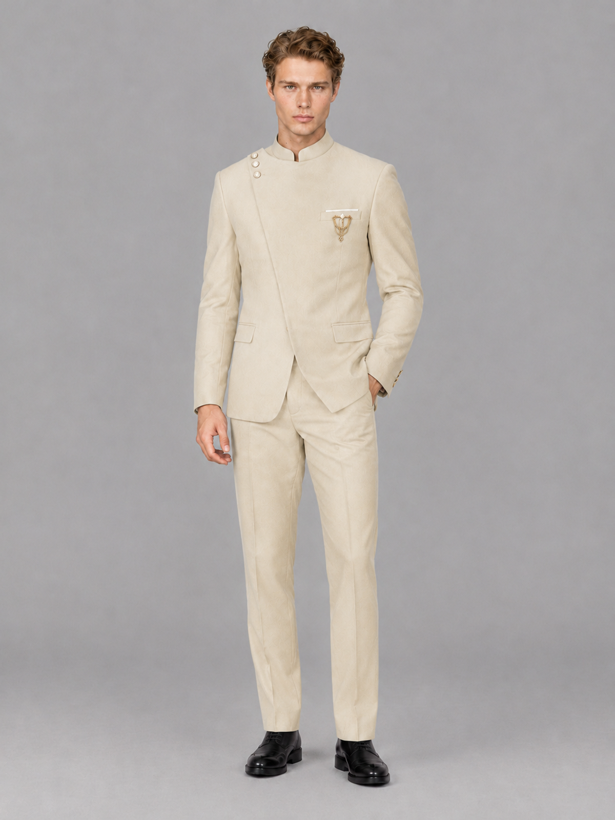 Savile Men's Cream Mandarin Collar Asymmetrical 2-Piece Suit Set – Modern Jacket & Trousers - Cream - Cream_4