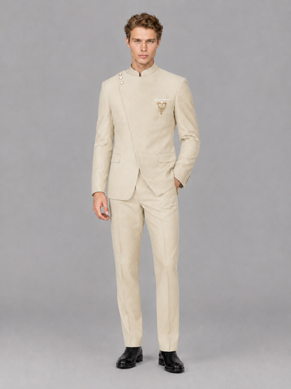 Savile Men's Cream Mandarin Collar Asymmetrical 2-Piece Suit Set – Modern Jacket & Trousers - Cream - Cream_4