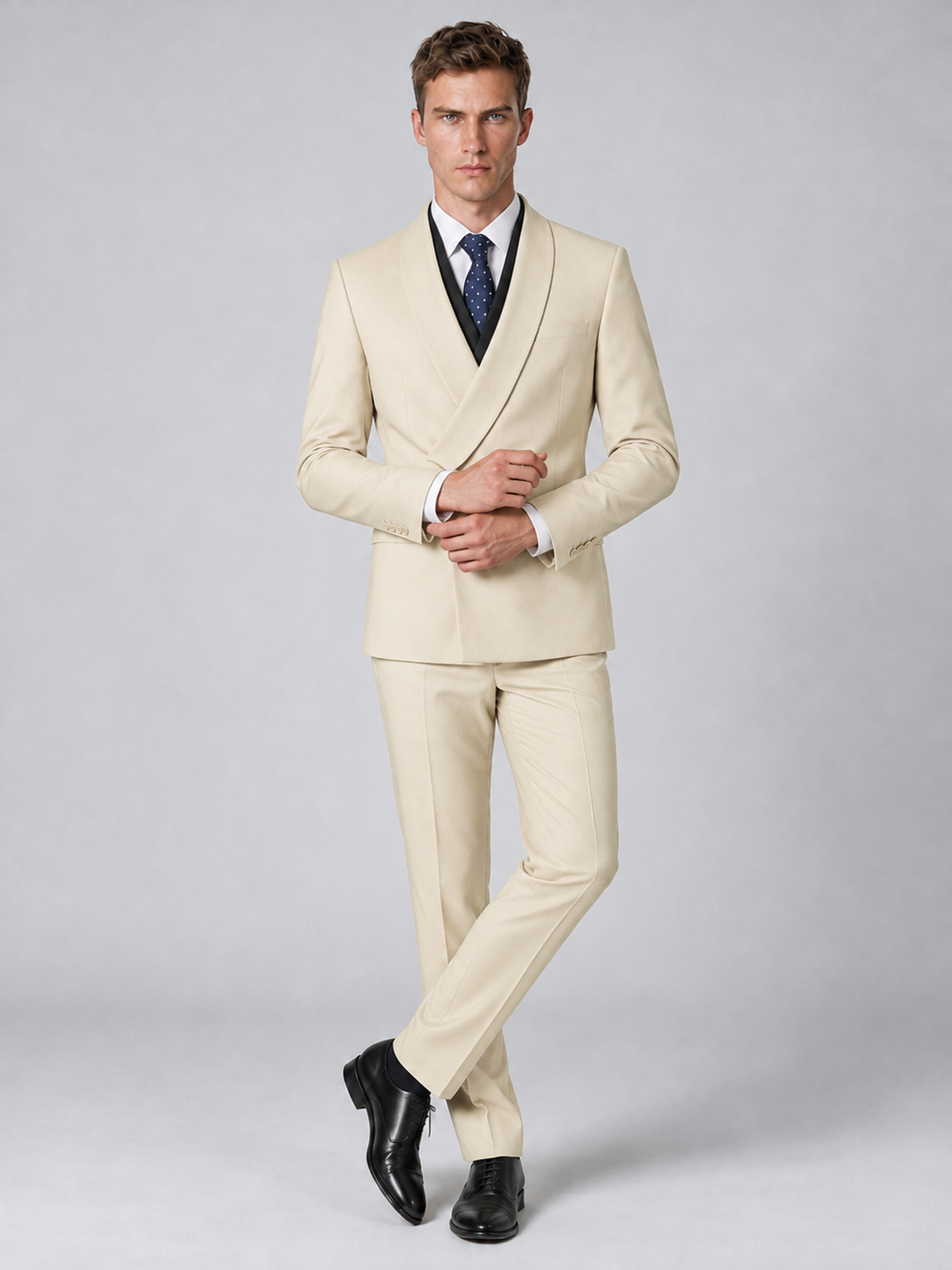 Savile Men's Cream Wrap Shawl Lapel 2-Piece Suit Set – Modern Jacket & Trousers - Cream - Cream_4