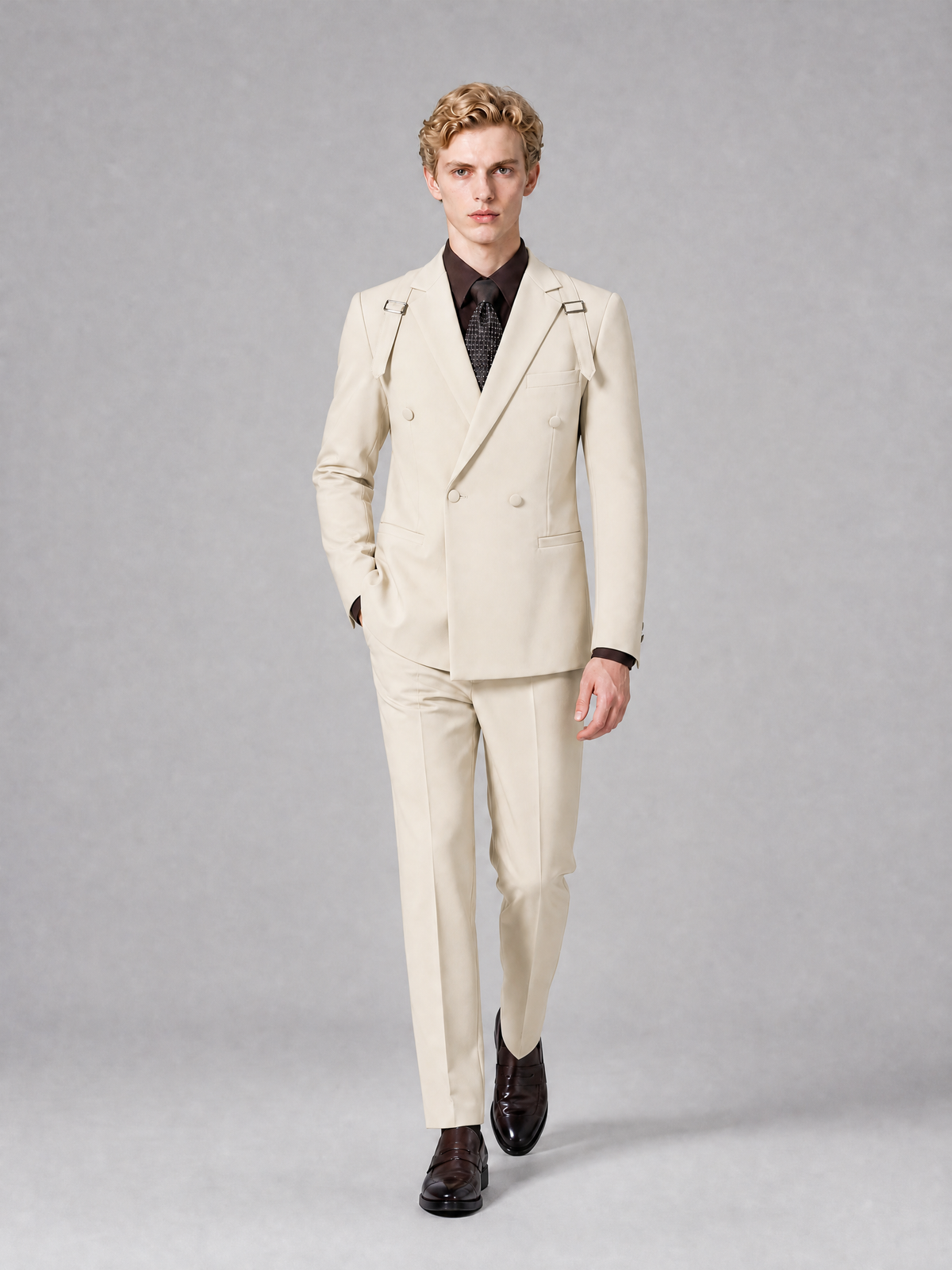 Men's Light Cream Double-Breasted Slim Fit 2-Piece Suit – Peak Lapel Wedding & Business Formal Set - Cream - Cream_4