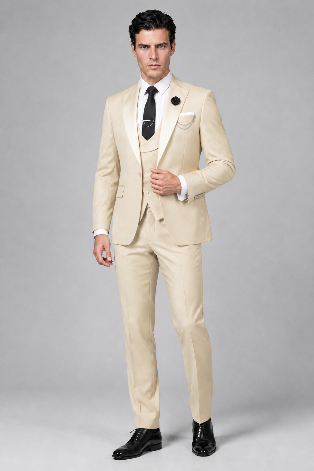 Savile Men's Cream 3-Piece Tuxedo Suit – Contrast Silver Peak Lapel & Grey Vest Formal Set - Cream - Cream_4