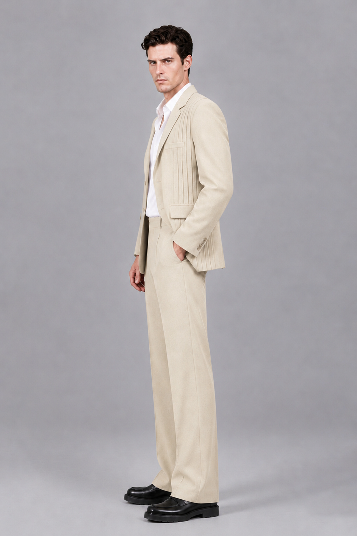 Savile Men's Cream Pleated 2-Piece Suit Set | Notch Lapel Blazer & Tailored Trousers - Cream - Cream_4