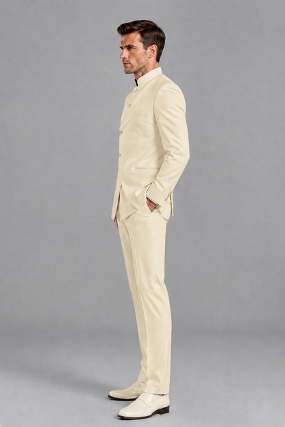 Savile Men's Cream Asymmetrical Mandarin Collar Tuxedo Suit – Modern 2-Piece Gold Button Wedding, Prom & Gala Set - Cream - Cream_4