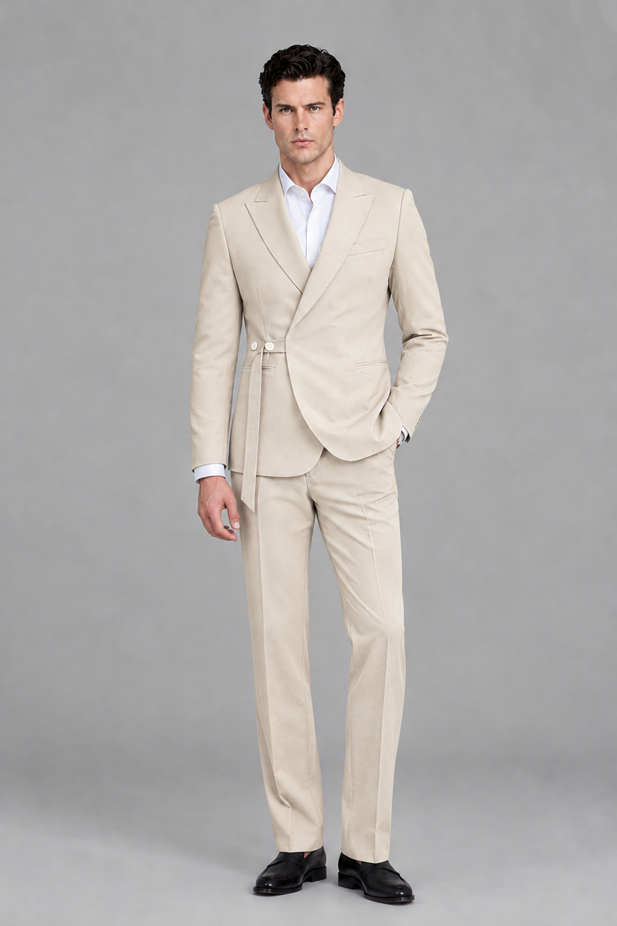 Savile Men's Modern Cream 2-Piece Wrap Suit Set – Peak Lapel Side-Button Blazer & Tailored Trousers - Cream - Cream_5