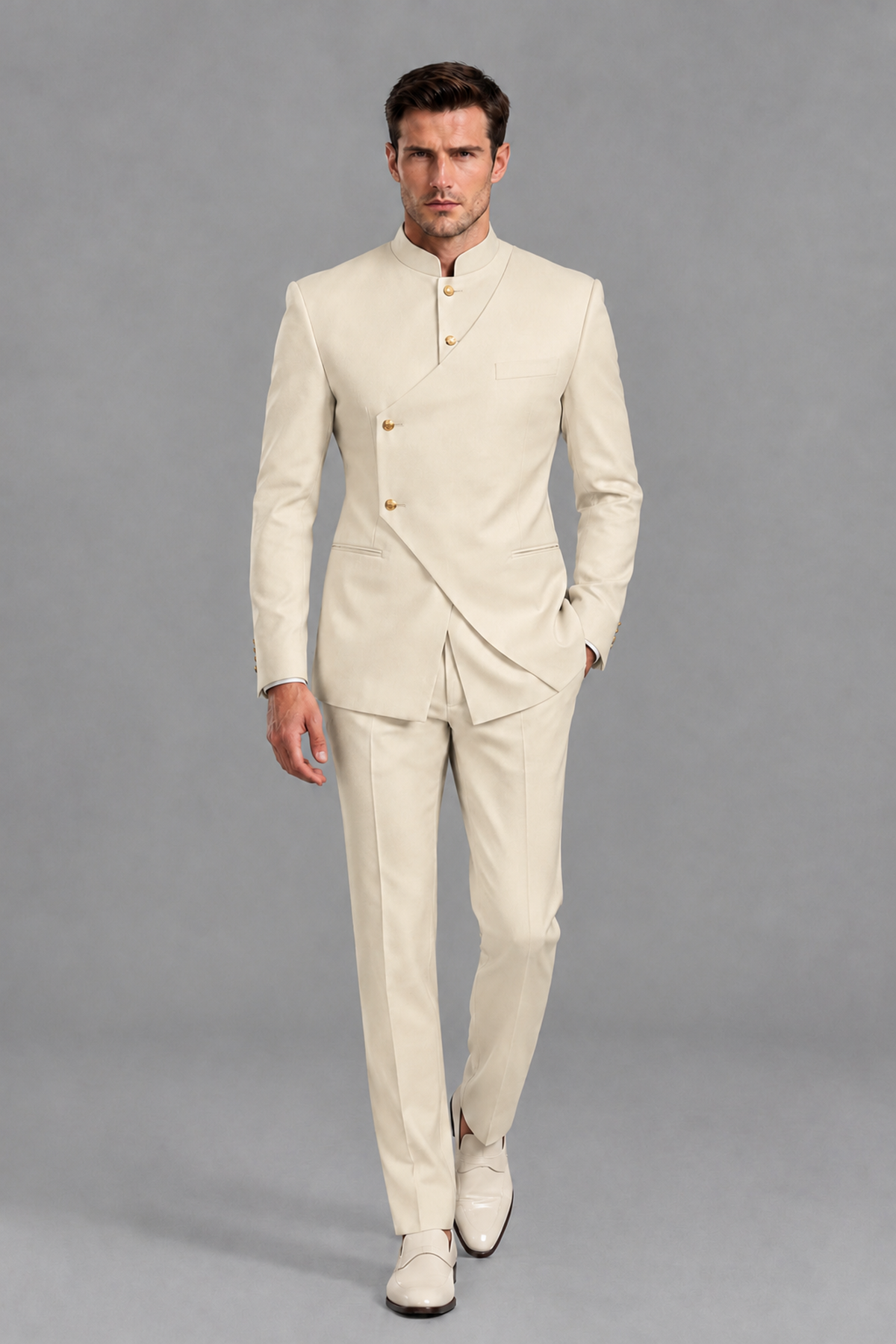 Savile Men's Cream Asymmetrical Mandarin Collar Tuxedo Suit – Modern 2-Piece Gold Button Wedding, Prom & Gala Set - Cream - Cream_5