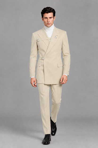Savile Men's Cream Double Buckle Wrap Belted 2-Piece Suit Set – Peak Lapel Slim-Fit Jacket & Trousers - Cream - Cream_5