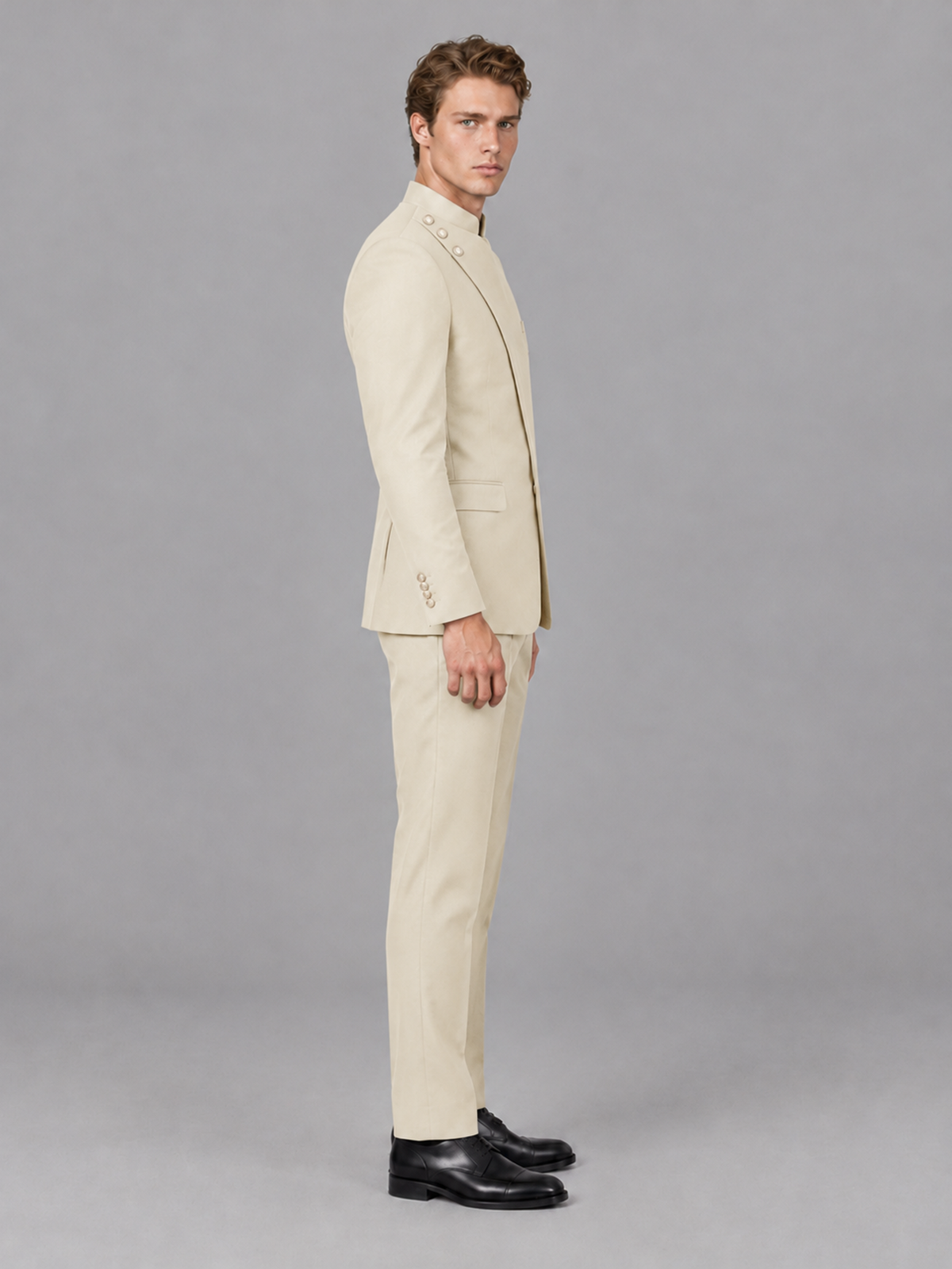 Savile Men's Cream Mandarin Collar Asymmetrical 2-Piece Suit Set – Modern Jacket & Trousers - Cream - Cream_5