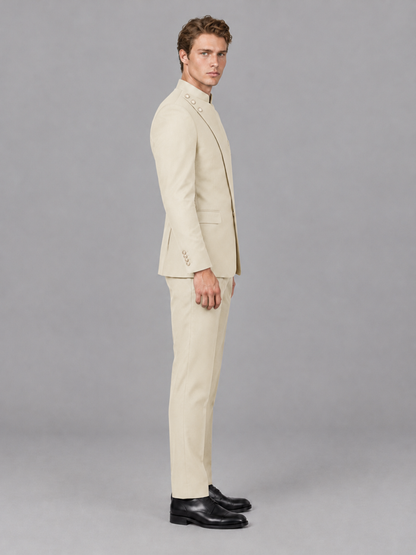 Savile Men's Cream Mandarin Collar Asymmetrical 2-Piece Suit Set – Modern Jacket & Trousers - Cream - Cream_5