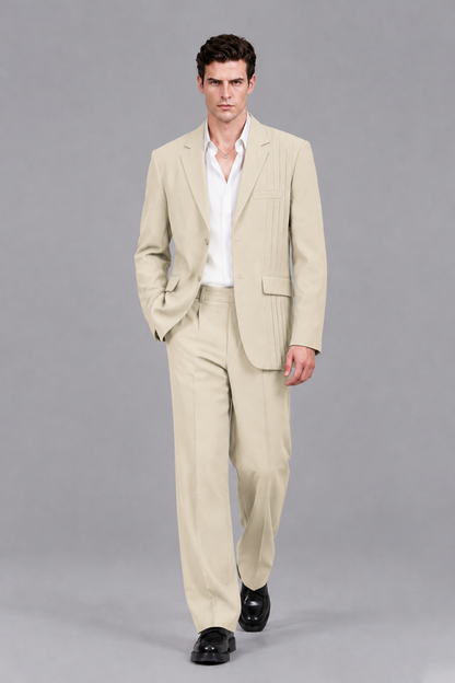 Savile Men's Cream Pleated 2-Piece Suit Set | Notch Lapel Blazer & Tailored Trousers - Cream - Cream_5