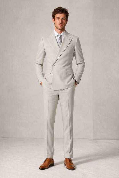 Savile Men's Cream Double-Breasted Slim Fit 2-Piece Suit Set – Peak Lapel Blazer & Cuffed Trousers | Wedding Prom Formal - Cream