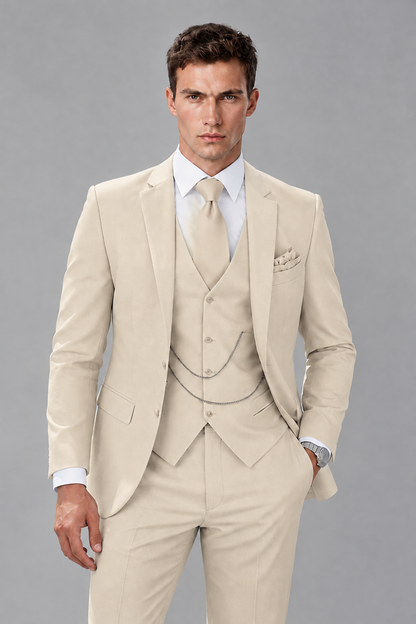 Savile Cream 3-Piece Suit with Notch Lapel & Chain Vest - Cream