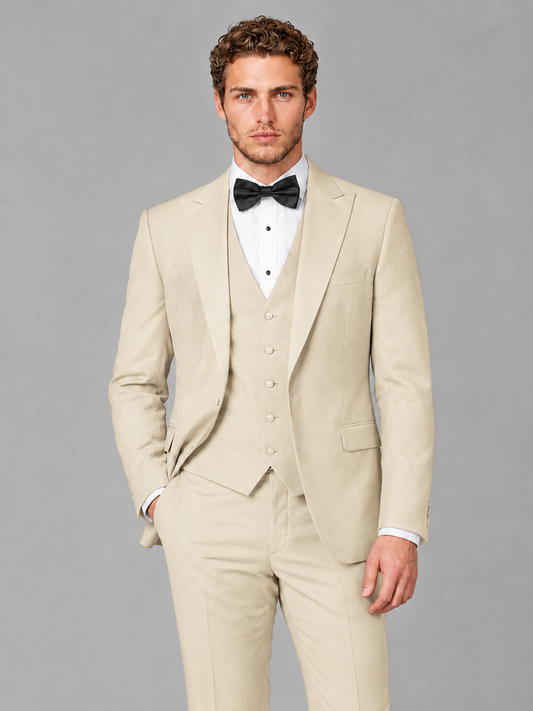 Savile Men's Cream Peak Lapel 3-Piece Tuxedo Suit | Jacket, Vest & Trousers - Cream
