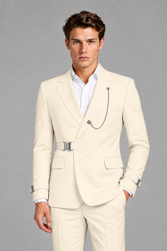 Savile Men's Cream Buckle-Closure 2-Piece Suit Set | Peak Lapel Blazer & Trousers - Cream